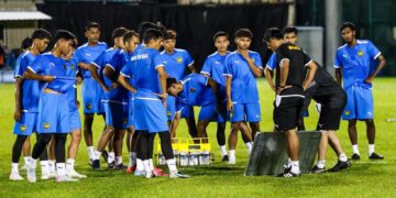 PEMAIN skuad B-23 menjalani latihan di Padang Latihan Sime Darby, Bukit Jelutong sebagai persiapan ke Sukan SEA 2025-IHSAN FAM
