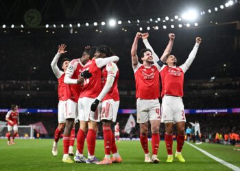PEMAIN Arsenal meraikan kejayaan menereka menewaskan Bayern Munich 3-1 dalam saingan Liga Juara-Juara, awal pagi tadi.-FB ARSENAL