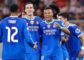 KYLIAN Mbappe meledak empat gol ketika Real Madrid menumpaskan  Olympiakos 4-3 pada aksi Liga Juara-Juara, awal pagi tadi.