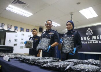 MOHD Radzi Abdul Rahim (tengah) menunjukkan sebahagian bungkusan berisi bunga ganja yang berjaya dirampas di Kompleks ICQS Bukit Kayu Hitam di Kubang Pasu. - UTUSAN/ SHAHIR NOORDIN