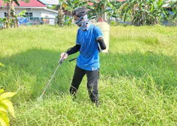HERRY Nizam Salleh mengambil upah meracun rumput menggunakan pam di Kampung Bahagia di Teluk Intan, Perak. – mingguan/AIN SAFRE BIDIN