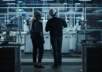 Female and Male Industrial Engineers Having a Conversation at a Modern Tech Electronics Factory with Automated Robot Arms Working with the Help of Artificial Intelligence Software. Back View