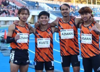 Kuartet 400 meter negara yang dibarisi Muhammad Zamir Azman, Muhammad Zumar, Azlan Kuste dan Muhammad Shahrul Azmeer Azman layak ke acara akhir Sukan Deaflympics 2025 di Komazawa, semalam. - IHSAN MSDEAF