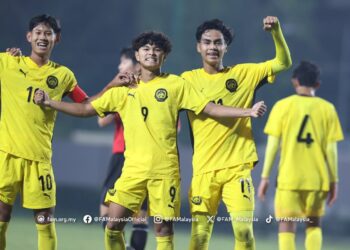 PEMAIN Skuad Bawah 17 tahun negara meraikan jaringan ketika aksi Kelayakan Piala Asia B-17 2026 menentang Kepulauan Mariana Utara, malam tadi.-IHSAN FAM
