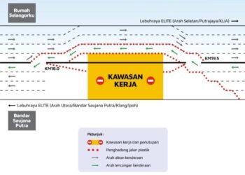 INFOGRAFIK menunjukkan laluan alternatif yang akan diaktifkan di Lebuhraya ELITE (arah selatan) bagi kerja-kerja pemasangan paip air.