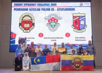FADILLAH  Yusof bergambar bersama pemenang sekolah paling Energy Efficiency (EE) dari SMK Hang Kasturi di Putrajaya. - UTUSAN/FAISOL MUSTAFA