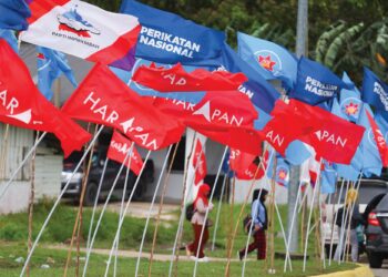 Deretan bendera parti yang berkibar di sepanjang jalan di Kampung Guruh-Guruh, Sindumin menjelang hari pengundian, Sabtu ini. – UTUSAN/AMIR KHALID