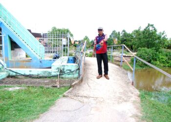 NORSYAM Ibrahim menunjukkan tempat spesies buaya tembaga mendarat di laluan motosikal berhampiran Pintu Air Sungai Duyong malam kelmarin. - UTUSAN/AMRAN MULUP