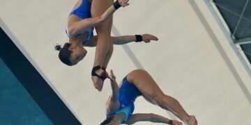 AKSI Datuk Pandelela Rinong (kiri) bersama Lee Yiat Qing dalam acara 10 meter (m) platform seirama wanita di Kejohanan Terbuka Malaysia 2025 di Pusat Akuatik Bukit Jalil, hari ini. - UTUSAN/ISKANDAR ISHAK