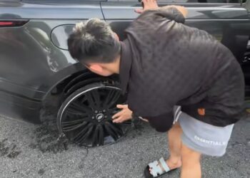 TANGKAP layar video tular melibatkan pemandu SUV yang memandu secara berbahaya dalam keadaan tayar yang pecah.