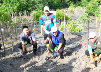 Peserta mengharungi lumpur bagi menanam pokok paya bakau Sambutan Hari Habitat Sedunia dan Hari Konservasi Ekosistem Hutan Paya Laut Negeri Melaka 2025 di Jeti Nelayan Sebatu, Merlimau, Jasin hari ini. UTUSAN/AMRAN MULUP