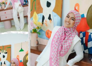 persalinan polos rona putih menonjolkan keindahan Monogram Pink.