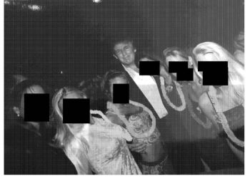 FOTO tanpa tarikh daripada koleksi peribadi Jeffrey Epstein menunjukkan Presiden Donald Trump (tengah) bergambar bersama sekumpulan wanita memakai lei gaya Hawaii.- AFP