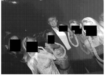 FOTO tanpa tarikh daripada koleksi peribadi Jeffrey Epstein menunjukkan Presiden Donald Trump (tengah) bergambar bersama sekumpulan wanita memakai lei gaya Hawaii.- AFP