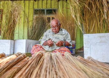 MUDA Mahammadiah gigih meraut lidi daripada pelepah daun kelapa untuk dijadikan penyapu di Kampung Baru Rhu Muda, Marang, Terengganu. 
– UTUSAN/PUQTRA HAIRRY