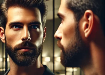 Peningkatan hormon testosteron menyebabkan  lemak pada  wajah berkurang lalu menjadikan rahang lebih tajam, kulit lebih tegang selain pertumbuhan misai atau jambang yang lebih kemas.-GAMBAR AI