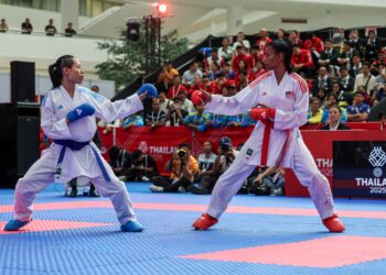 AKSI C. Shahmalarani dalam acara wanita kumite 50 kg di Sukan SEA Thailand 2025.