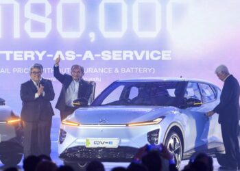 ANWAR Ibrahim menunjukkan isyarat bagus ketika melihat Perodua QV-E selepas melakukan gimik Majlis Peluncuran Kenderaan Elektrik (EV) Pertama Perodua di Dewan Perdana MITI, Kuala Lumpur, hari ini. Turut sama, Presiden Perodua, Datuk Seri Zainal Abidin Ahmad (kiri). - UTUSAN/FARIZ RUSADIO