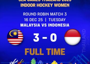 SKUAD hoki dalam dewan wanita negara mencatat kemenangan ketiga berturut-turut dalam kempen Sukan SEA 2025. - Konfederasi Hoki Malaysia