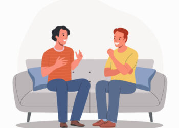 Young men talking, gossiping, whispering secrets, telling news on the sofa. Flat style cartoon vector illustration.