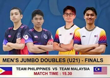 Harith Danial Jefri-Low Wa Sern (kanan) membenam cabaran beregu Filipina, Christopher Buraga-Jonathan Reyes yang diletakkan sebagai pilihan pertama dalam perlawanan akhir beregu lelaki bawah 21 tahun pada Sukan SEA 2025 di Bangkok, Thailand, hari ini.