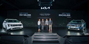 Hyung Ho Kim (dua kanan) dan Emily Lek (hujung kiri) ketika pelancaran Kia Carnival Baharu di Kuala Lumpur, hari ini.