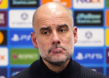 Pengurus Manchester City, Pep Guardiola kelihatan sugul semasa sidang akkbar selepas pasukannya tewas kepada wakil Norway dalam Liga Juara-Juara di Bodoe, semalam. - AFP