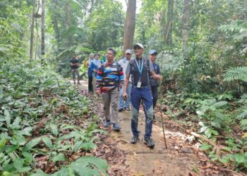 MUSA Said atau Pak Musa (depan) ketika membawa dan memberi penerangan tentang kepelbagaian hutan Pulau Tioman di Rompin, Pahang kepada pasukan penyelidik dari Universiti Malaysia Pahang Al-Sultan Abdullah (UMPSA).
