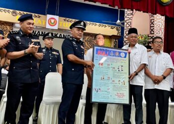 ADZLI Abu Shah (dua dari kiri) menyampaikan poster berkaitan buli kepada wakil sekolah pada Majlis Pembukaan Sesi Persekolahan 2026 Jabatan Pendidikan Kedah Bersama Polis Diraja Malaysia (PDRM) di Kolej Sultan Abdul Hamid di Alor Setar, hari ini. - UTUSAN/ JAMLIAH ABDULLAH