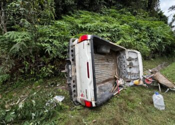 KEADAAN trak pikap yang terbalik di Kilometer 4, Jalan Gua Musang-Sungai Terah, Gua Musang, Kelantan semalam.
