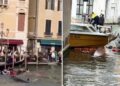 SEBUAH feri merempuh sampan di terusan Venice, Ahad lalu. - Foto X