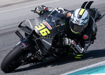 Joan Mir ketika aksi sesi hari kedua ujian pramusim sesi 1 MotoGP Malaysia 2026 di Litar Antarabangsa Sepang (SIC), hari ini. - AFP