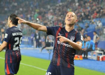 MARCOS Guilherme meraikan jaringannya pada perlawanan menentang Vissel Kobe pada perlawanan ACLE di Stadium Sultan Ibrahim, Iskandar Puteri, Johor. - UTUSAN/RAJA JAAFAR ALI