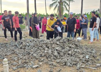 IBU kepada Allahyarham Muhammad Nashrul, Rogayah Muhammad menabur bunga di kubur anaknya  itu di Tanah Perkuburan Islam Selekoh di Bagan Datuk, Perak, Ahad lalu. – UTUSAN/AIN SAFRE BIDIN