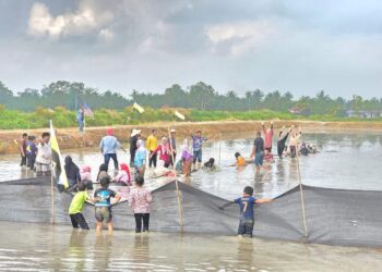 WARGA PPK Seberang Perak dan penduduk yang menyertai sukan bendang di Seberang Perak dekat Pasir Salak, Perak kelmarin. – UTUSAN/AIN SAFRE BIDIN