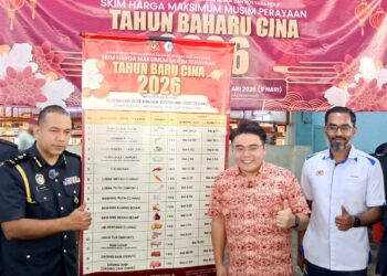 WOO Kah Leong (tengah) pada Majlis Peluncuran dan Sesi Walkabout Skim Harga Maksimum Musim Perayaan Tahun Baharu Cina 2026 KPDN Perak di Pasar Besar Ipoh hari ini.