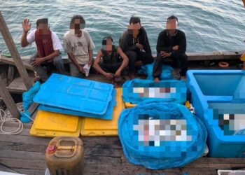 SEBAHAGIAN daripada kru nelayan warga asing yang ditahan oleh Maritim Malaysia Pulau Pinang kerana disyaki menjalankan aktiviti perikanan haram di kawasan perairan negara.-GAMBAR/MARITIM MALAYSIA PULAU PINANG