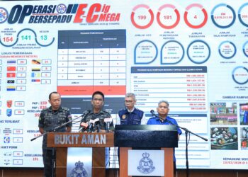 FISOL Salleh (dua kiri) bercakap pada sidang akhbar Operasi Bersepadu E-Cig Mega di Menara 1 Bukit Aman di sini hari ini. 
Turut sama, Pengarah Bahagian Perkembangan Kesihatan Awam Kementerian Kesihatan (KKM), Dr Zulhizzam Abdullah (dua kanan).-UTUSAN/FARIZ RUSADIO