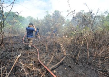 ANGGOTA Bomba dan Penyelamat Pekan Nanas memadamkan kebakaran di Kampung Pangkalan Raja, Batu 30, Pekan Nanas Pontian, Johori hari ini. - UTUSAN/RAJA JAAFAR ALI