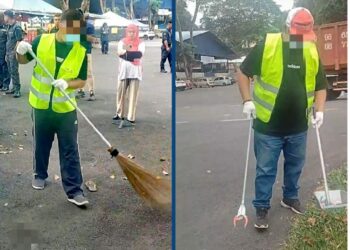 DUA pesalah Perintah Khidmat Masyarakat ( PKM) menjalankan kerja-kerja kemasyarakatan  di Lurah Semantan, Temerloh, Pahang.