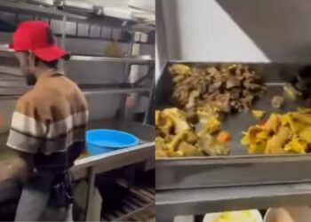 TANGKAP layar video tular di media sosial memaparkan seorang pekerja sebuah restoran di Seremban yang mencuci lebihan makanan seperti daging ayam dan tauhu yang didakwa untuk dijual semula kepada pelanggan.