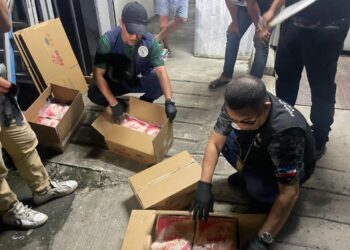 ANGGOTA penguat kuasa Jabatan Veterninar Sabah memeriksa kotak mengandungi paha ayam sejuk beku tanpa permit import di sebuah premis di Inanam, semalam. - UTUSAN/HARDY JOE