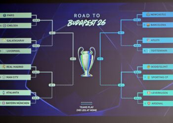 Gambar ini memaparkan skrin yang menayangkan keputusan undian pusingan 16 terbaik, suku akhir dan separuh akhir Liga Juara-Juara Eropah (UCL) musim 2025-2026 yang berlangsung di House of European Football, Nyon, Switzerland, semalam. - AFP