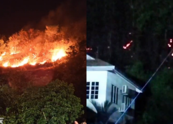 KEJADIAN kebakaran hutan yang berlaku di Taman Bukti dan Taman Nusa Intan, Seremban semalam. -GAMBAR / IHSAN BOMBA
