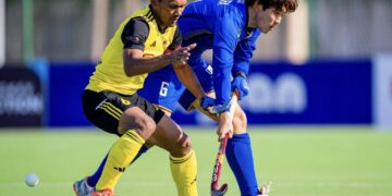 FIH Hockey World Cup 2026 Qualifiers, Ismailia (M)
19 Malaysia v Japan (3/4)

Picture: HAYASUKE Sana of Japan clashes with Muhammad Jalil (C) player of Malaysia

WorldSportPics/Frank Uijlenbroek
No Archive Allowed