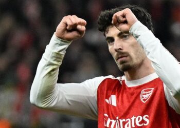 Reaksi pemain tengah Arsenal, Kai Havertz selepas menjaringkan gol menerusi sepakan penalti menentang Bayer Leverkusen dalam aksi Liga Juara-Juara, semalam. - AFP