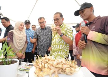MOHAMAD Khaled Nordin (dua dari kanan) meninjau pameran dalam Majlis Perasmian Projek JanaVeteran BPlant di Ladang Telok Sengat, Kota Tinggi, Johor, semalam.
