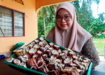 NURUL Najihah Ismail menunjukkan lemang periuk kera yang siap dimasak ketika ditemui dirumahnya di Kampung Pulau Kerengga, Marang, Terengganu. – UTUSAN/PUQTRA HAIRRY