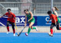 PEMAIN hoki wanita negara cuba mengekang asakan daripada pemain Ireland ketika kedua-dua pasukan itu bertemu dalam kempen kelayakan Piala Dunia di Chile, semalam. - FIH