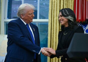 GAMBAR fail Trump berjabat tangan dengan Gabbard di Rumah Putih, Washington. - AFP